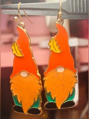 Orange Glitter Gnome Enamel Drop Earrings